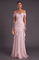 Laden Sie das Bild in den Galerie-Viewer, Leely Women Light Pink Ruffled Long Formal Dress Mermaid Off the Shoulder Ruched Alternative Wedding Guest Dress Formal Wedding Guest Dress