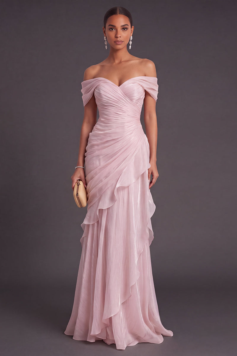 Laden Sie das Bild in den Galerie-Viewer, Leely Women Light Pink Ruffled Long Formal Dress Mermaid Off the Shoulder Ruched Alternative Wedding Guest Dress Formal Wedding Guest Dress