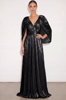 Laden Sie das Bild in den Galerie-Viewer, Glitzer Gold A-Linien V Ausschnitt Plissee Maxi Abendkleid mit Cape