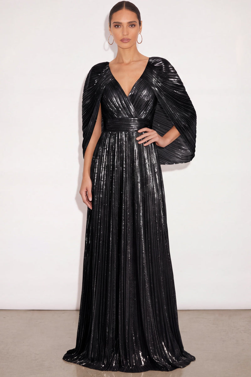 Laden Sie das Bild in den Galerie-Viewer, Glitzer Gold A-Linien V Ausschnitt Plissee Maxi Abendkleid mit Cape