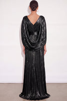 Laden Sie das Bild in den Galerie-Viewer, Glitzer Gold A-Linien V Ausschnitt Plissee Maxi Abendkleid mit Cape