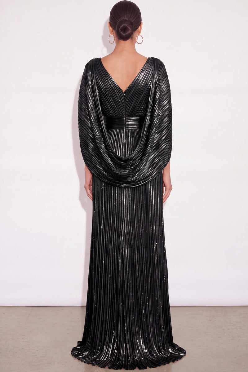 Laden Sie das Bild in den Galerie-Viewer, Glitzer Gold A-Linien V Ausschnitt Plissee Maxi Abendkleid mit Cape