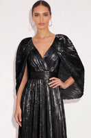 Laden Sie das Bild in den Galerie-Viewer, Glitzer Gold A-Linien V Ausschnitt Plissee Maxi Abendkleid mit Cape