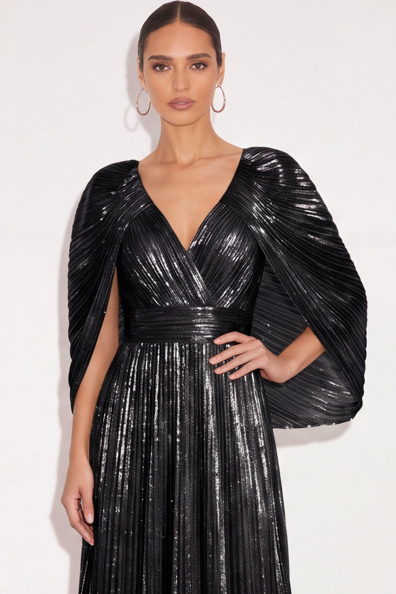 Laden Sie das Bild in den Galerie-Viewer, Glitzer Gold A-Linien V Ausschnitt Plissee Maxi Abendkleid mit Cape