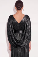 Laden Sie das Bild in den Galerie-Viewer, Glitzer Gold A-Linien V Ausschnitt Plissee Maxi Abendkleid mit Cape