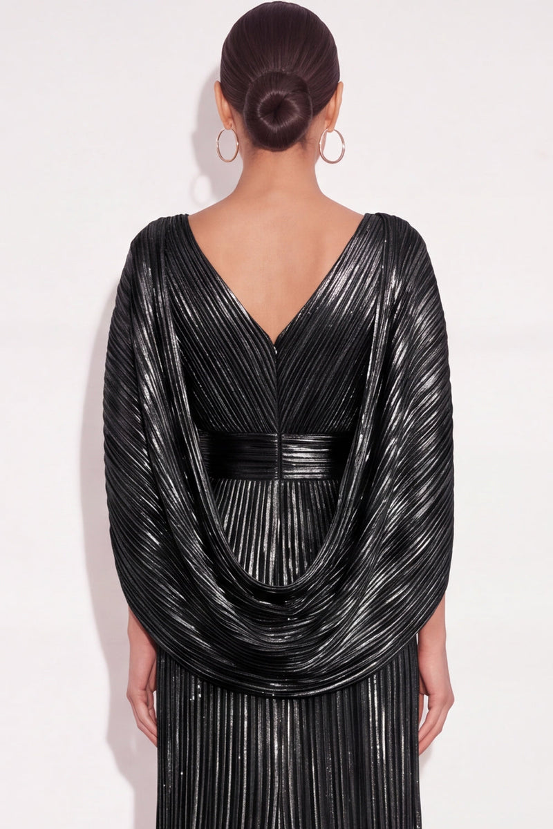 Laden Sie das Bild in den Galerie-Viewer, Glitzer Gold A-Linien V Ausschnitt Plissee Maxi Abendkleid mit Cape