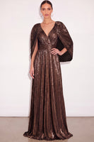Laden Sie das Bild in den Galerie-Viewer, Glitzer Gold A-Linien V Ausschnitt Plissee Maxi Abendkleid mit Cape