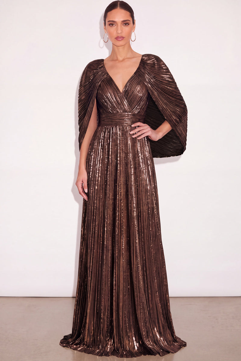 Laden Sie das Bild in den Galerie-Viewer, Glitzer Gold A-Linien V Ausschnitt Plissee Maxi Abendkleid mit Cape