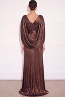 Laden Sie das Bild in den Galerie-Viewer, Glitzer Gold A-Linien V Ausschnitt Plissee Maxi Abendkleid mit Cape