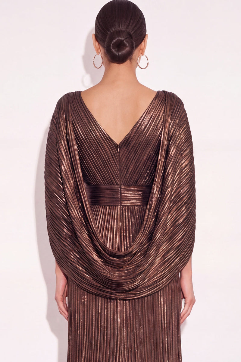 Laden Sie das Bild in den Galerie-Viewer, Glitzer Gold A-Linien V Ausschnitt Plissee Maxi Abendkleid mit Cape