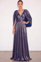 Laden Sie das Bild in den Galerie-Viewer, Leely Women Sparkly Dark Blue Pleated Maxi Formal Dress with Cape Metallic V Neck A Line Formal Wedding Guest Dress Black Tie Dress Alternative Wedding Guest Dres