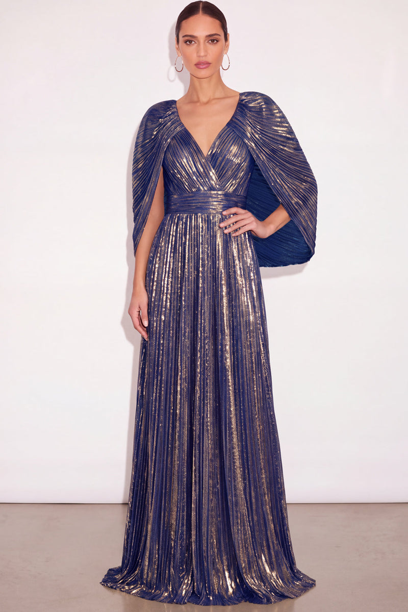 Laden Sie das Bild in den Galerie-Viewer, Leely Women Sparkly Dark Blue Pleated Maxi Formal Dress with Cape Metallic V Neck A Line Formal Wedding Guest Dress Black Tie Dress Alternative Wedding Guest Dres