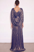 Laden Sie das Bild in den Galerie-Viewer, Glitzer Gold A-Linien V Ausschnitt Plissee Maxi Abendkleid mit Cape