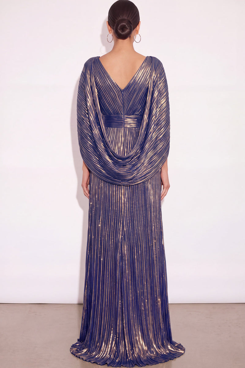 Laden Sie das Bild in den Galerie-Viewer, Glitzer Gold A-Linien V Ausschnitt Plissee Maxi Abendkleid mit Cape