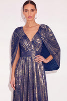Laden Sie das Bild in den Galerie-Viewer, Glitzer Gold A-Linien V Ausschnitt Plissee Maxi Abendkleid mit Cape