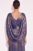 Laden Sie das Bild in den Galerie-Viewer, Glitzer Gold A-Linien V Ausschnitt Plissee Maxi Abendkleid mit Cape