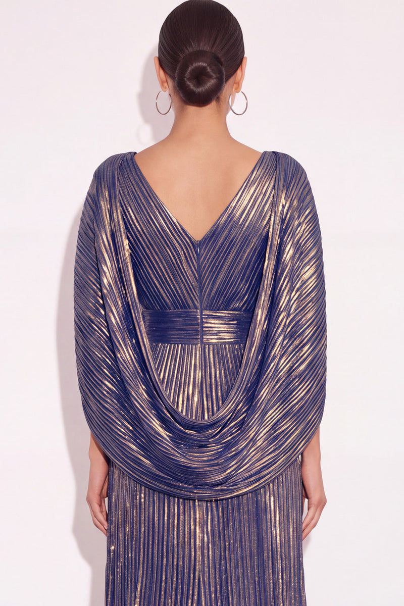 Laden Sie das Bild in den Galerie-Viewer, Glitzer Gold A-Linien V Ausschnitt Plissee Maxi Abendkleid mit Cape