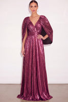 Laden Sie das Bild in den Galerie-Viewer, Glitzer Gold A-Linien V Ausschnitt Plissee Maxi Abendkleid mit Cape