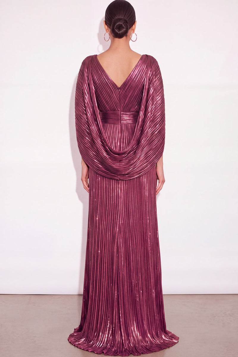 Laden Sie das Bild in den Galerie-Viewer, Glitzer Gold A-Linien V Ausschnitt Plissee Maxi Abendkleid mit Cape