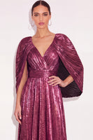 Laden Sie das Bild in den Galerie-Viewer, Glitzer Gold A-Linien V Ausschnitt Plissee Maxi Abendkleid mit Cape