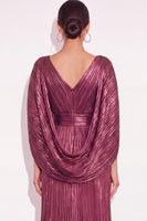 Laden Sie das Bild in den Galerie-Viewer, Glitzer Gold A-Linien V Ausschnitt Plissee Maxi Abendkleid mit Cape