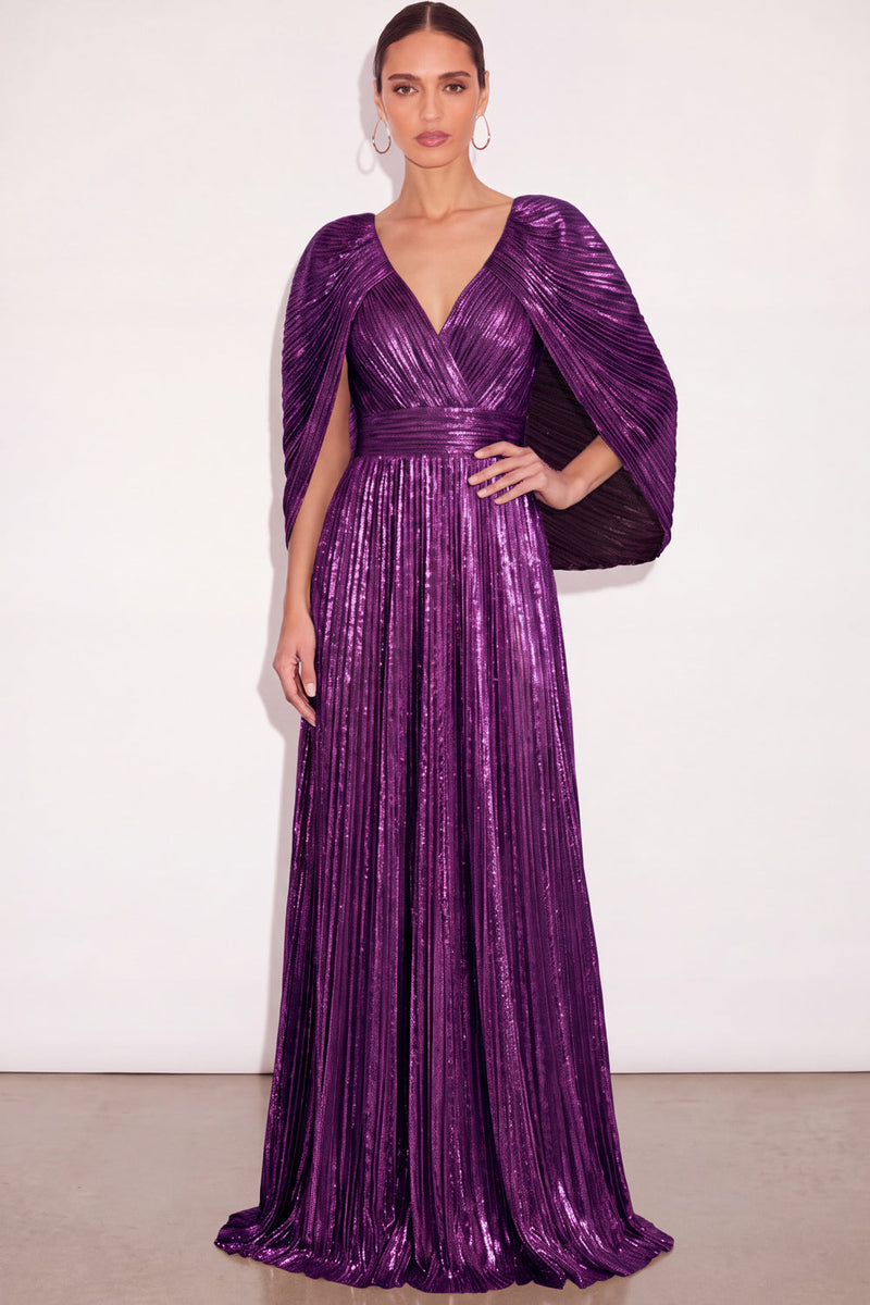 Laden Sie das Bild in den Galerie-Viewer, Leely Women Sparkly Dark Purple Pleated Maxi Formal Dress with Cape Metallic V Neck A Line Formal Wedding Guest Dress Black Tie Dress Alternative Wedding Guest Dress