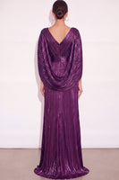 Laden Sie das Bild in den Galerie-Viewer, Glitzer Gold A-Linien V Ausschnitt Plissee Maxi Abendkleid mit Cape