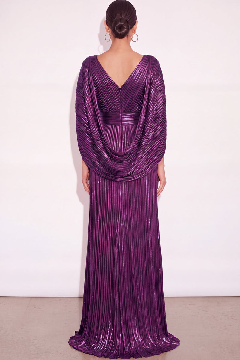 Laden Sie das Bild in den Galerie-Viewer, Glitzer Gold A-Linien V Ausschnitt Plissee Maxi Abendkleid mit Cape