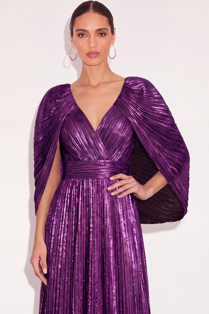 Laden Sie das Bild in den Galerie-Viewer, Glitzer Gold A-Linien V Ausschnitt Plissee Maxi Abendkleid mit Cape