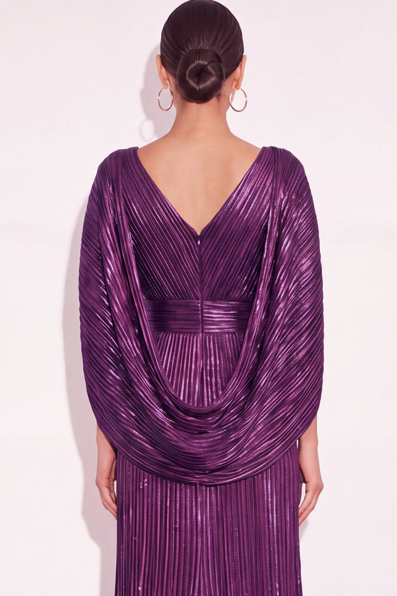 Laden Sie das Bild in den Galerie-Viewer, Glitzer Gold A-Linien V Ausschnitt Plissee Maxi Abendkleid mit Cape