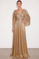 Laden Sie das Bild in den Galerie-Viewer, Leely Women Sparkly Golden Pleated Maxi Formal Dress with Cape Metallic V Neck A Line Formal Wedding Guest Dress Black Tie Dress Alternative Wedding Guest Dress