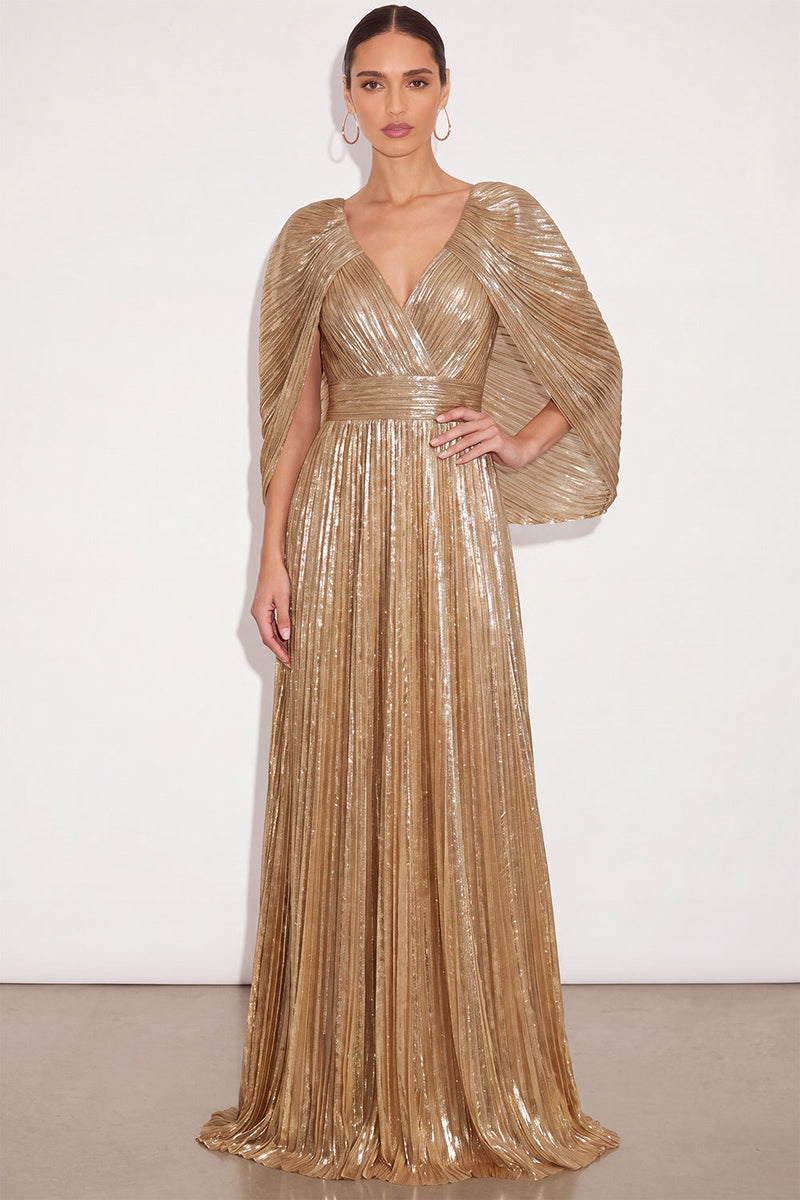 Laden Sie das Bild in den Galerie-Viewer, Leely Women Sparkly Golden Pleated Maxi Formal Dress with Cape Metallic V Neck A Line Formal Wedding Guest Dress Black Tie Dress Alternative Wedding Guest Dress