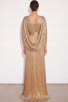 Glitzer Gold A-Linien V Ausschnitt Plissee Maxi Abendkleid mit Cape