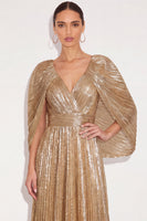 Laden Sie das Bild in den Galerie-Viewer, Glitzer Gold A-Linien V Ausschnitt Plissee Maxi Abendkleid mit Cape