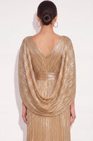 Laden Sie das Bild in den Galerie-Viewer, Glitzer Gold A-Linien V Ausschnitt Plissee Maxi Abendkleid mit Cape
