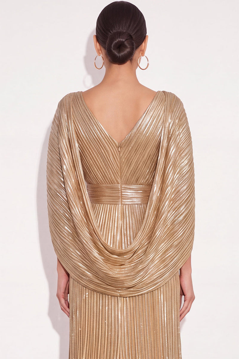 Laden Sie das Bild in den Galerie-Viewer, Glitzer Gold A-Linien V Ausschnitt Plissee Maxi Abendkleid mit Cape