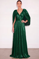 Laden Sie das Bild in den Galerie-Viewer, Glitzer Gold A-Linien V Ausschnitt Plissee Maxi Abendkleid mit Cape