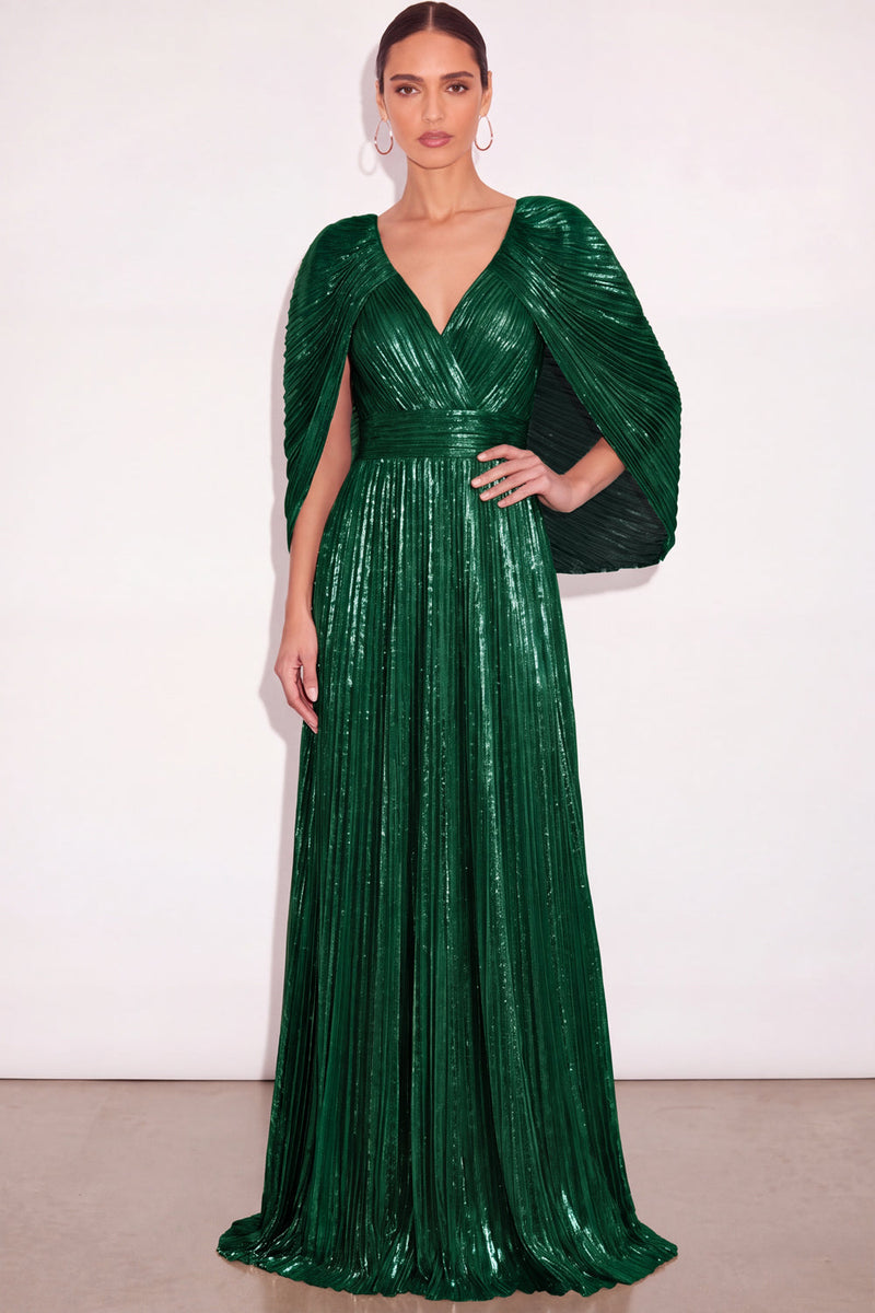 Laden Sie das Bild in den Galerie-Viewer, Glitzer Gold A-Linien V Ausschnitt Plissee Maxi Abendkleid mit Cape