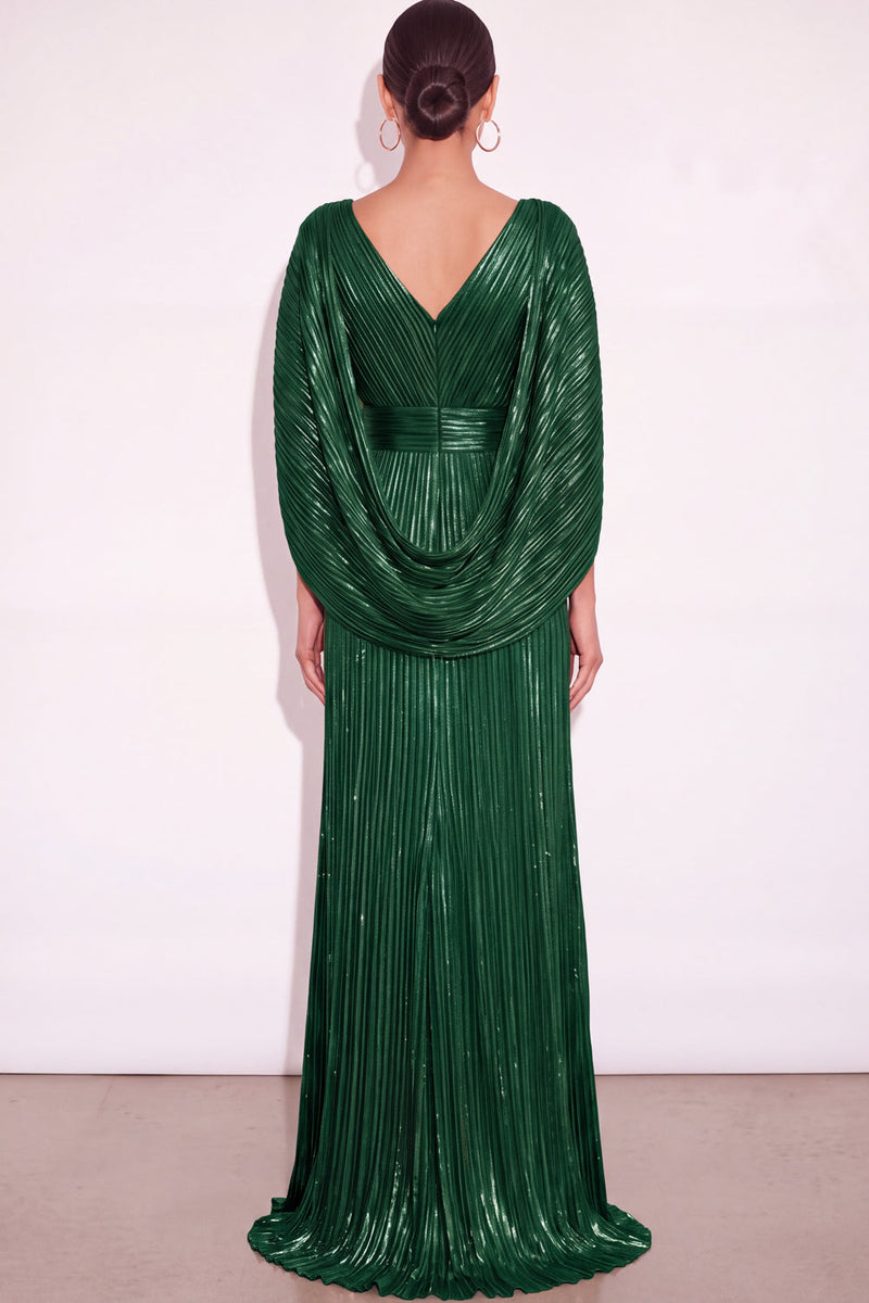 Laden Sie das Bild in den Galerie-Viewer, Glitzer Gold A-Linien V Ausschnitt Plissee Maxi Abendkleid mit Cape