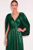Laden Sie das Bild in den Galerie-Viewer, Glitzer Gold A-Linien V Ausschnitt Plissee Maxi Abendkleid mit Cape