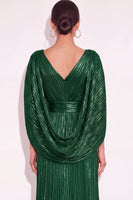 Laden Sie das Bild in den Galerie-Viewer, Glitzer Gold A-Linien V Ausschnitt Plissee Maxi Abendkleid mit Cape
