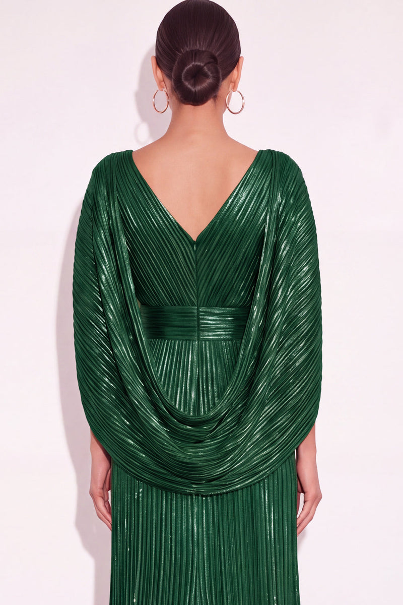 Laden Sie das Bild in den Galerie-Viewer, Glitzer Gold A-Linien V Ausschnitt Plissee Maxi Abendkleid mit Cape