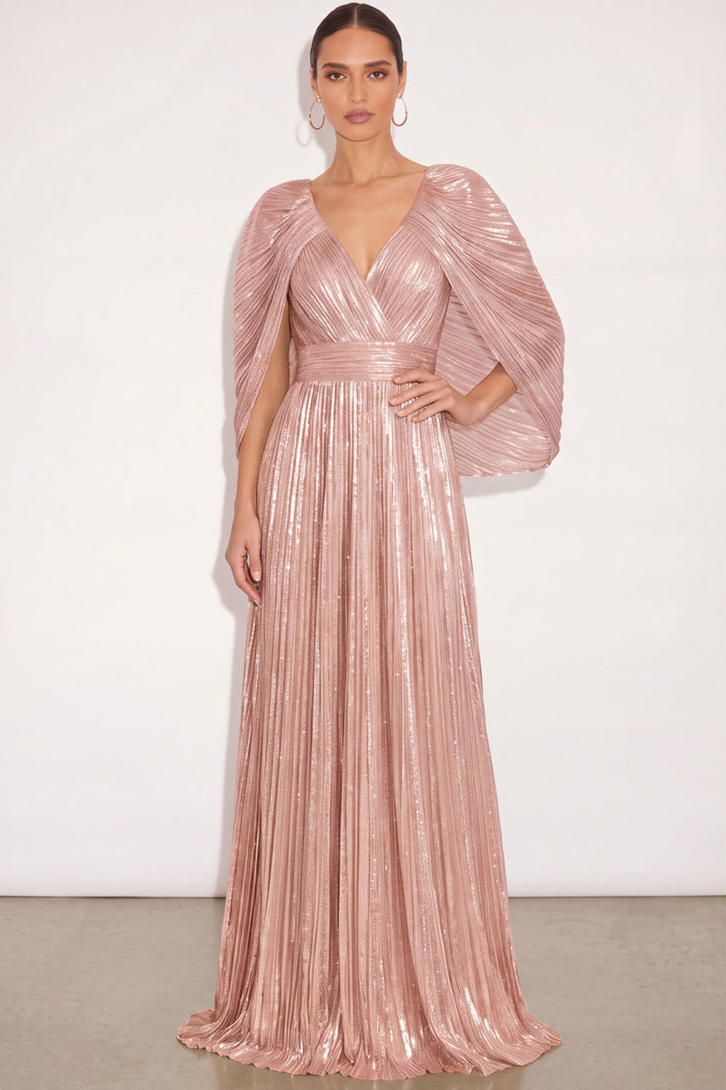 Laden Sie das Bild in den Galerie-Viewer, Glitzer Gold A-Linien V Ausschnitt Plissee Maxi Abendkleid mit Cape