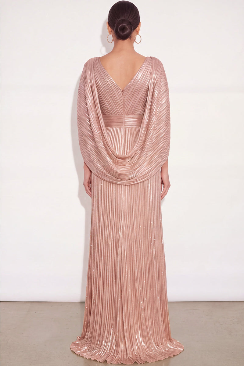 Laden Sie das Bild in den Galerie-Viewer, Glitzer Gold A-Linien V Ausschnitt Plissee Maxi Abendkleid mit Cape