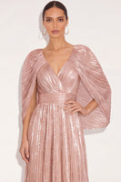 Laden Sie das Bild in den Galerie-Viewer, Glitzer Gold A-Linien V Ausschnitt Plissee Maxi Abendkleid mit Cape