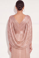 Laden Sie das Bild in den Galerie-Viewer, Glitzer Gold A-Linien V Ausschnitt Plissee Maxi Abendkleid mit Cape