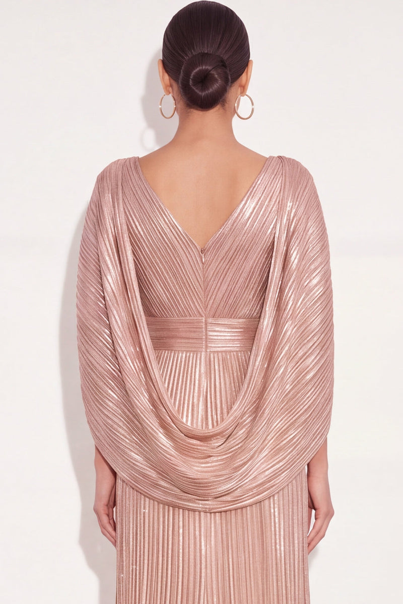Laden Sie das Bild in den Galerie-Viewer, Glitzer Gold A-Linien V Ausschnitt Plissee Maxi Abendkleid mit Cape