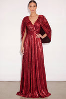 Laden Sie das Bild in den Galerie-Viewer, Glitzer Gold A-Linien V Ausschnitt Plissee Maxi Abendkleid mit Cape