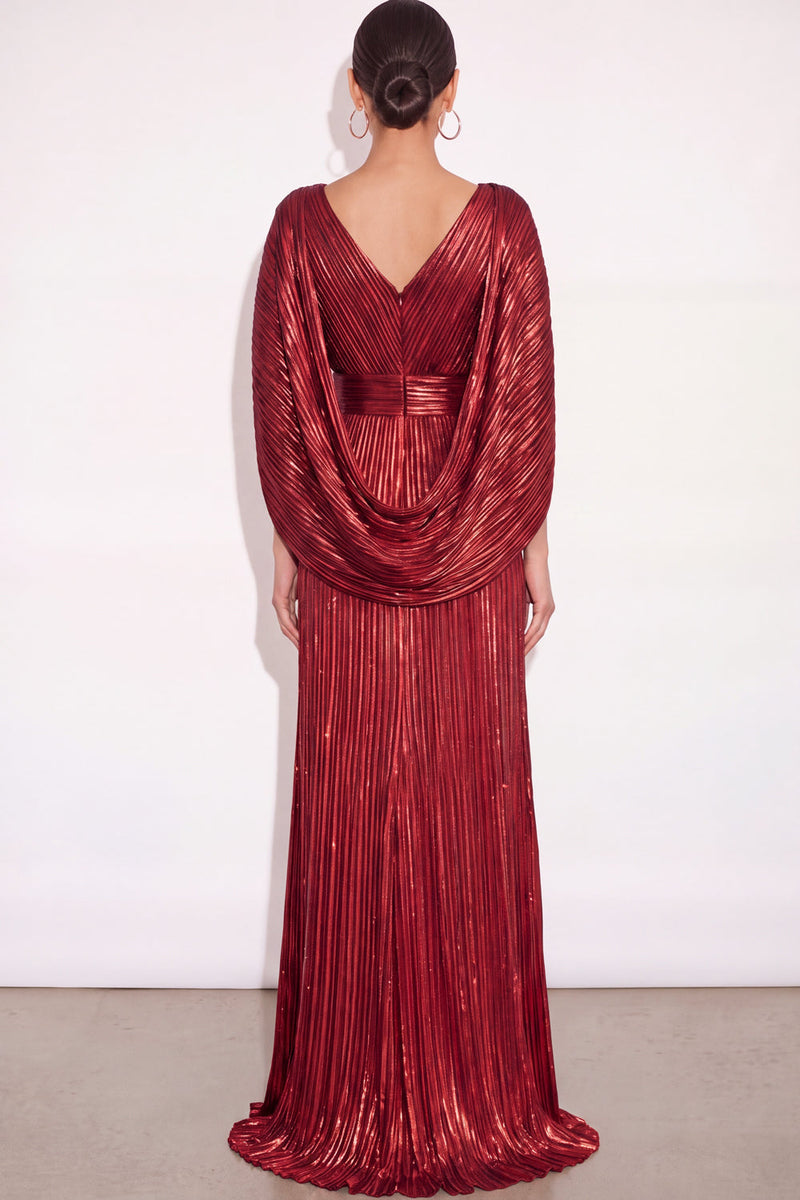 Laden Sie das Bild in den Galerie-Viewer, Glitzer Gold A-Linien V Ausschnitt Plissee Maxi Abendkleid mit Cape