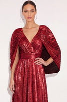 Laden Sie das Bild in den Galerie-Viewer, Glitzer Gold A-Linien V Ausschnitt Plissee Maxi Abendkleid mit Cape